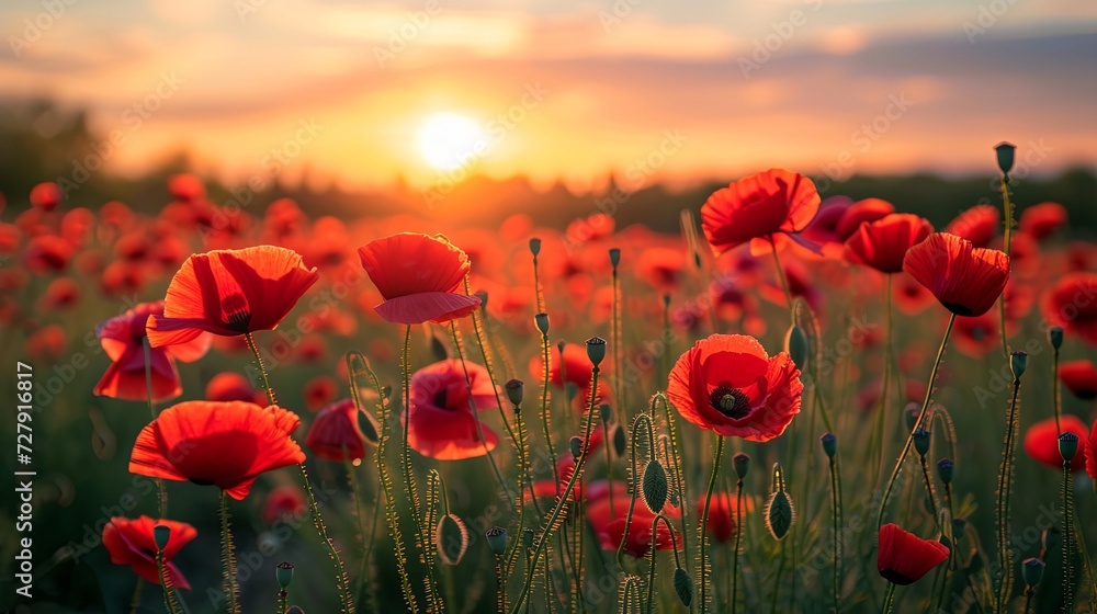 A field of wild poppies at sunset, with the flowers positioned at the lower edge of the frame.