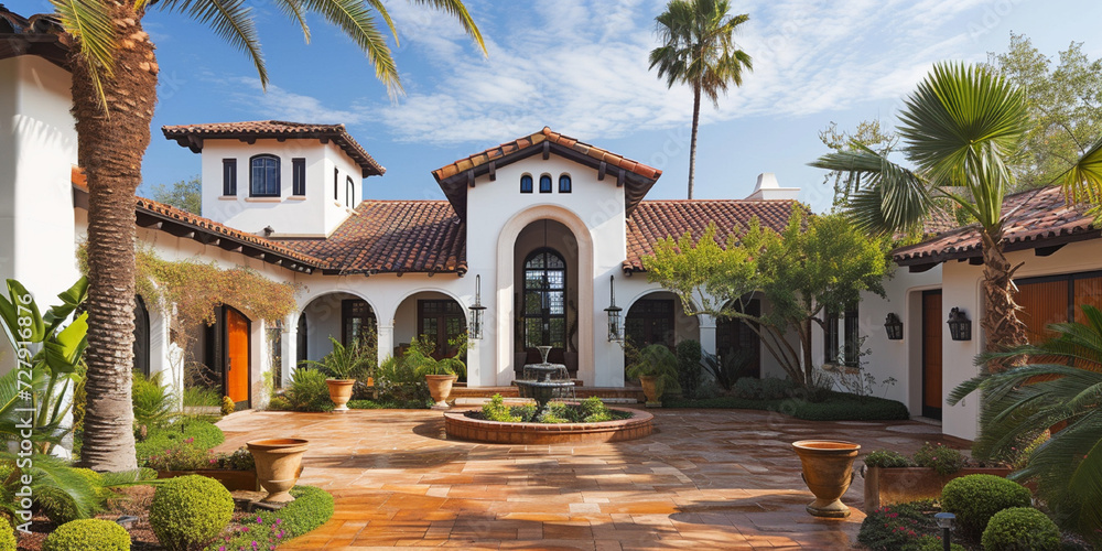 Home architecture design in Mediterranean Style with Courtyard constructed by Stucco and tile material. Andalusian charm