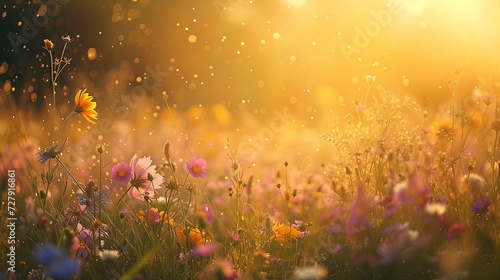 A golden hour meadow scene, with wildflowers basking in the soft, golden light of sunset. 