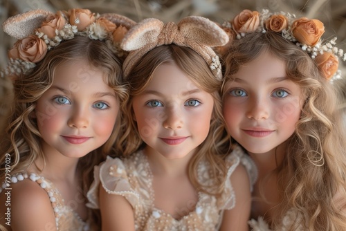 Beaming young ladies adorned with floral headpieces strike a pose in their fashionable tiaras and headbands, exuding elegance and femininity in their wedding dresses