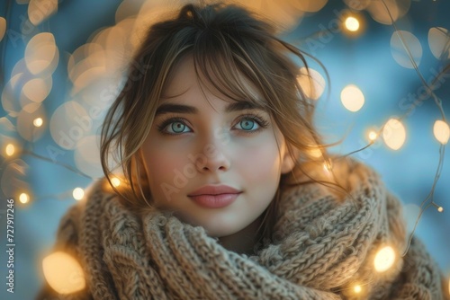 Wallpaper Mural A young woman bundled up in a cozy scarf gazes serenely at the camera, capturing the warmth and comfort of winter in her indoor portrait Torontodigital.ca