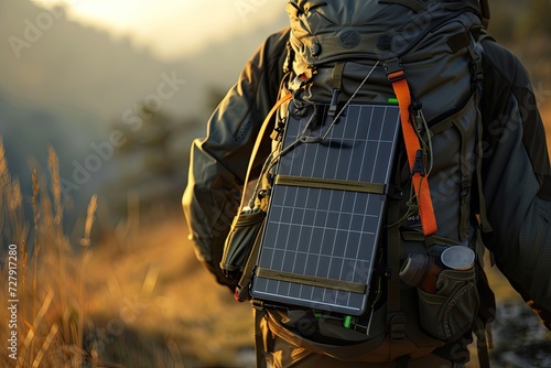 A close-up of solar panels on a backpack, demonstrating portable solar solutions for outdoor enthusiasts photo
