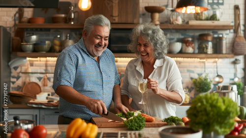 elderly couple is joyfully preparing food together in a modern kitchen.
