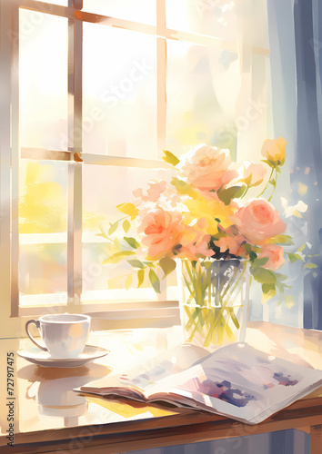 Floral bouquet and tea on a table in a beautifully decorated room with a vase, creating a warm and inviting atmosphere, watercolor painting Generative AI