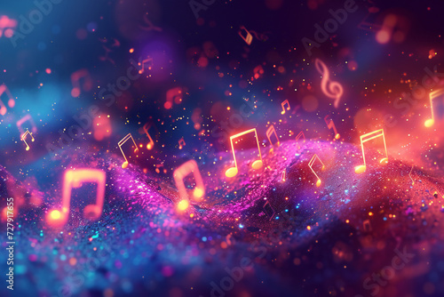 Music notes and icons add up to melody on abstract colorful background. Musical concept banner. photo