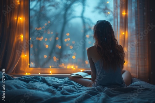 A solitary woman, bathed in the soft glow of a winter night, finds solace and escape in the pages of her book, as she sits on her bed with the city lights peeking through the window behind her