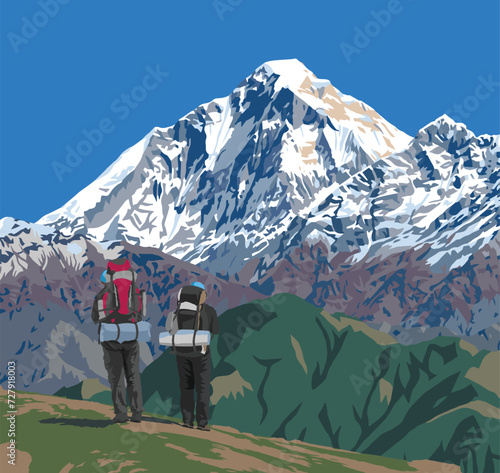 Mount Dhaulagiri peak from Jaljala pass and two hikers with big backpacks vector illustration, Nepal Himalayas mountains