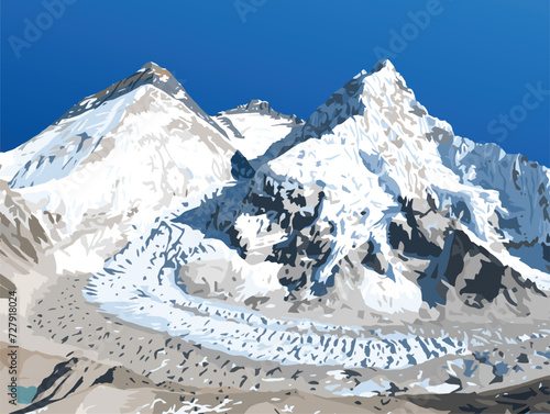 mount Everest Lhotse and Nuptse from Nepal side as seen from Pumori base camp, vector illustration, Mt Everest 8,848 m, Khumbu valley, Sagarmatha national park, Nepal Himalaya mountain