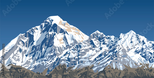 Mount Dhaulagiri peak as seen from Jaljala pass vector illustration, Nepal Himalayas mountains