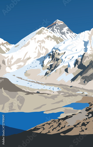 mount Everest from Nepal side as seen from Kala Patthar peak, vector illustration, Mt Everest 8,848 m, Khumbu valley, Sagarmatha national park, Nepal Himalayas mountains
