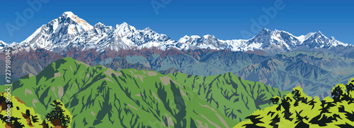 Mount Dhaulagiri peak as seen from Jaljala pass vector illustration, Nepal Himalayas mountains