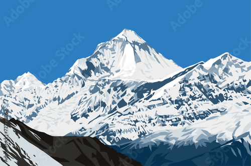 Mount Dhaulagiri peak as seen near Thorung La pass, Mount Annapurna circuit trekking trail, vector illustration, Nepal Himalayas mountains