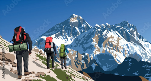 mount Everest and Lhotse as seen from gokyo valley with three hikers, vector illustration, Mt Everest 8,848 m, Khumbu valley, Nepal Himalayas mountains photo
