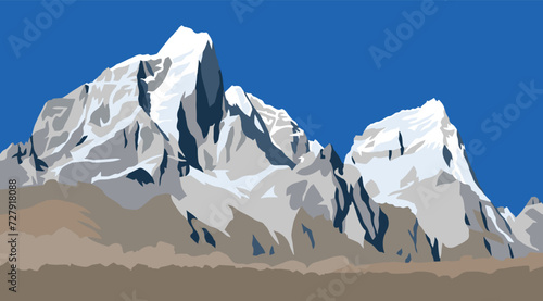 Illustration of mounts Cholatse and Tabuche peak as seen from the way to Mount Everest base camp, Nepal Himalayas mountains vectors illustration photo