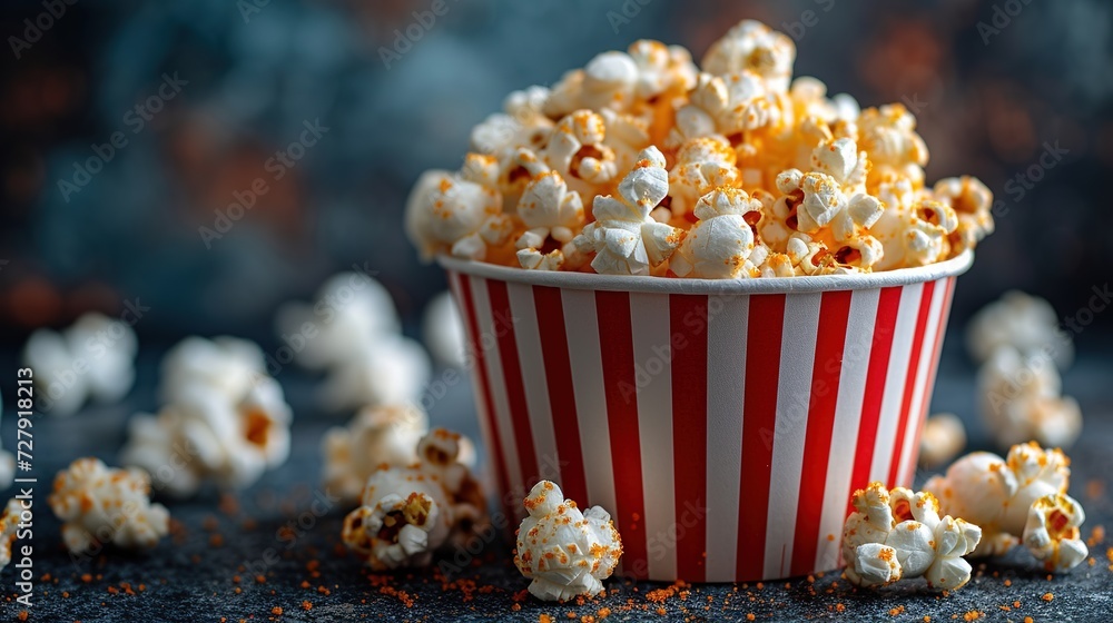 Striped box with popcorn on blue background. With copy space. Striped box with popcorn on blue background. With copy space.