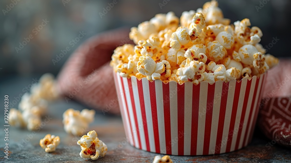 Striped box with popcorn on red background Striped box with popcorn on red background