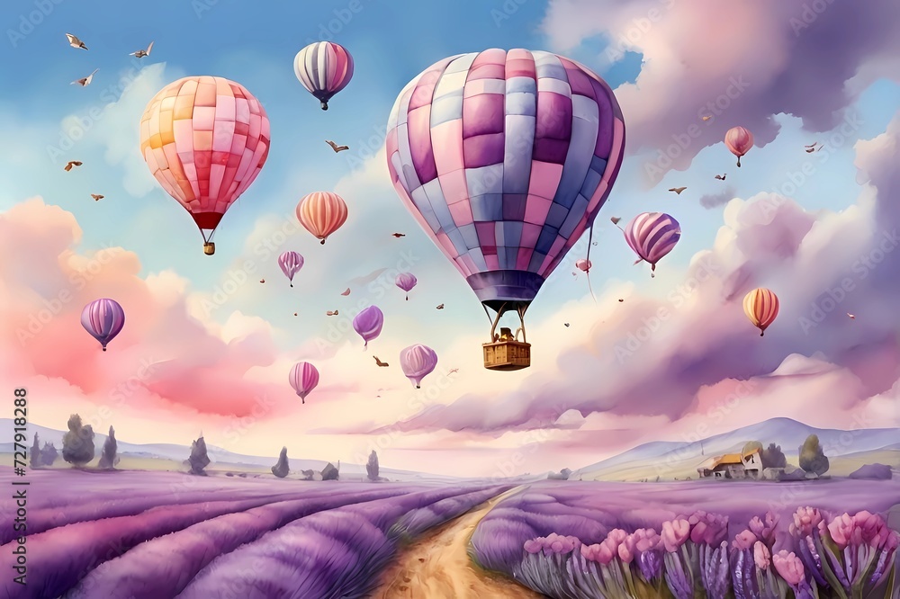 Fototapeta premium A colorful watercolor illustration of a lavender field with hot air balloons flying above it