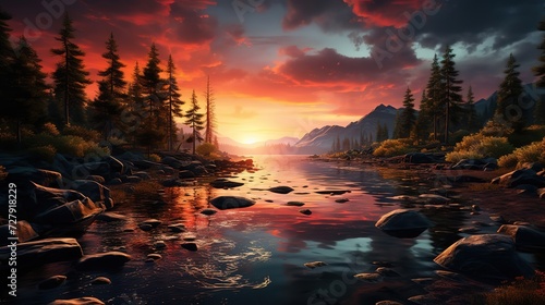Fototapeta Naklejka Na Ścianę i Meble -  sunset over the river Ai generative HD 8K wallpaper Stock Photographic Image. sunrise over the mountains and river 4k HD quality photo. beautiful landscape wallpaper, HD background wallpaper, 