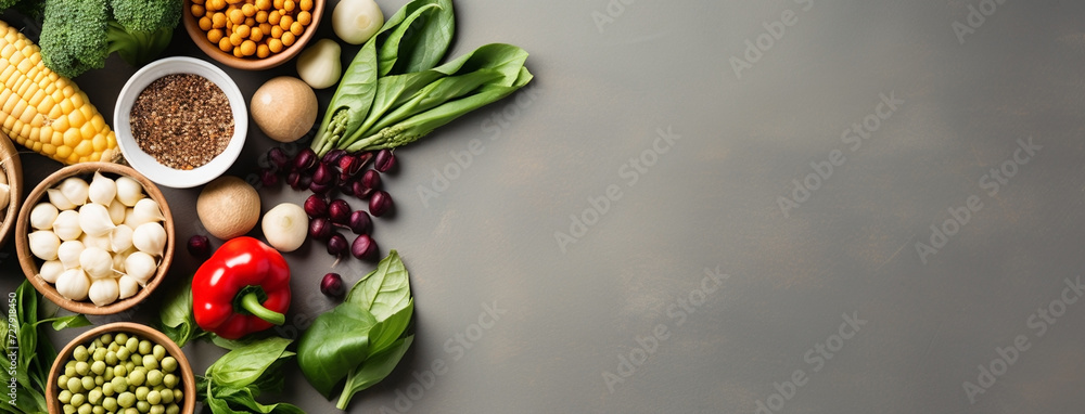 Wide view from above banner image of Vegetarian Day food banner with different types of vegetables and fruit items in a manner on gray color wooden table mockup Wide view from above banner image of Vegetarian Day food banner with different types of vegetables and fruit items in a manner on gray color wooden table mockup
