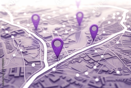 A pet-friendly city map with purple color map pins on pet parks and animal care centers, connected by network lines highlighting pet-friendly routes.