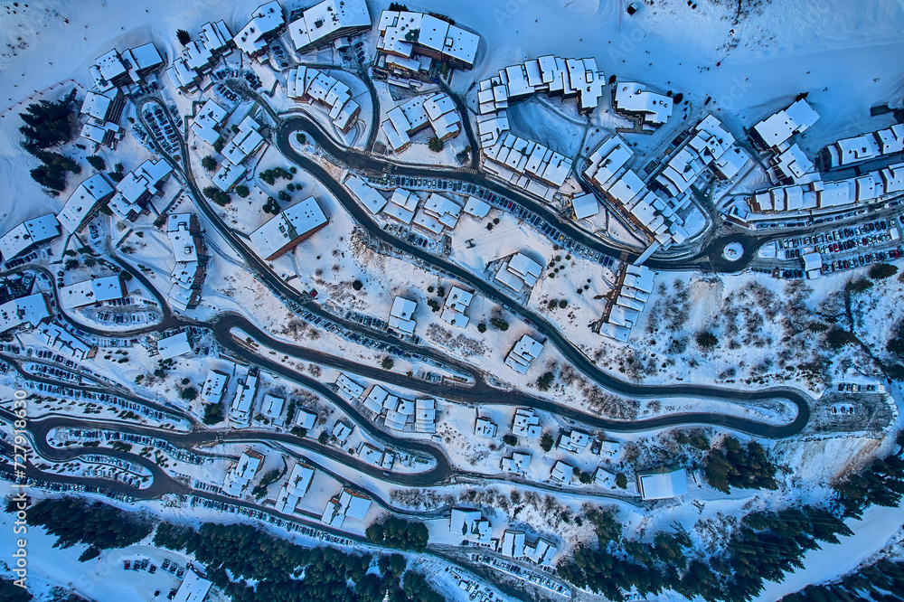 Fototapeta premium Breathtaking beautiful panoramic aerial view on Snow Alps - winter mountain peaks around French Alps mountains, The Three Valleys: Courchevel, Val Thorens, Meribel (Les Trois Vallees), France
