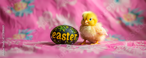 yellow easter chicken standing next to a pink wall with the word 