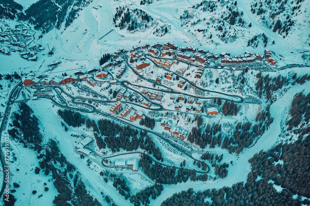 Breathtaking beautiful panoramic aerial view on Snow Alps - winter mountain peaks around French Alps mountains, The Three Valleys: Courchevel, Val Thorens, Meribel (Les Trois Vallees), France