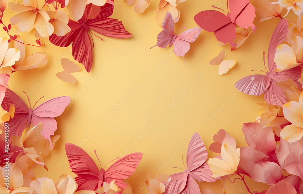 frame made of pink butterflies on yellow background with copy space. Flat lay. Spring summer banner. Generative AI