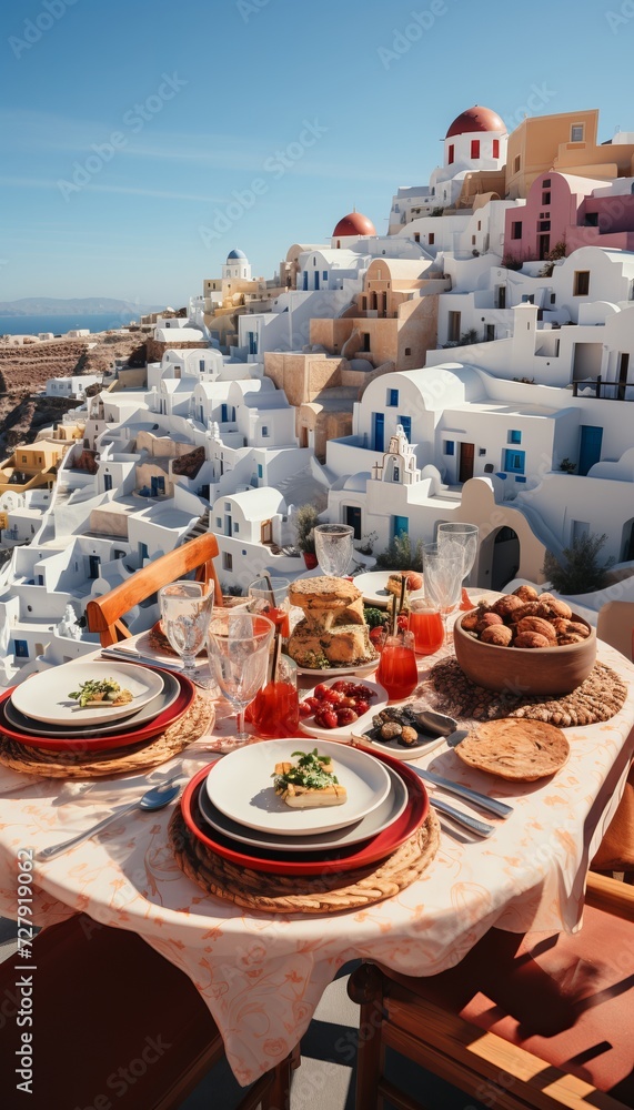 Savor a Mediterranean feast with Greek dishes and drinks, while enjoying Santorinis whitewashed buildings and azure waters. A perfect holiday scene. Vertical Composition.