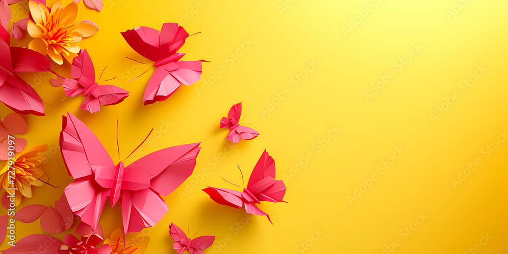 frame made of pink butterflies on yellow background with copy space. Flat lay. Spring summer banner. Generative AI