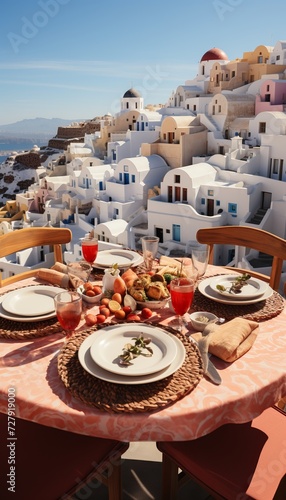 Table set with food and drinks on a terrace with a view of Santorini, Greece. Pink tablecloth, wicker placemats, 4 place settings with wine glasses. Vertical Composition.