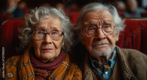 A wise couple, with years etched on their faces and glasses perched on their noses, share a warm gaze at the camera, exuding a timeless elegance in their carefully chosen attire