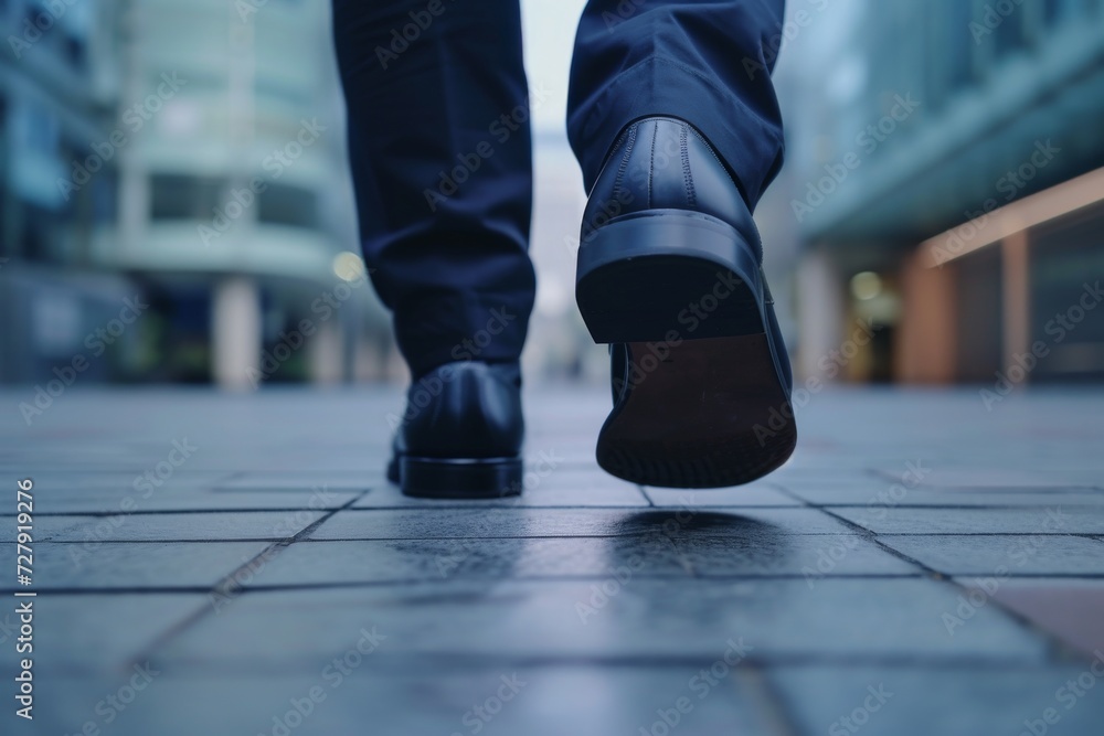 Close-up of a business man's feet walking in a dynamic urban environment, focusing on the motion and business casual shoes, symbolizing progress and determination. Close-up of a business man's feet walking in a dynamic urban environment, focusing on the motion and business casual shoes, symbolizing progress and determination.