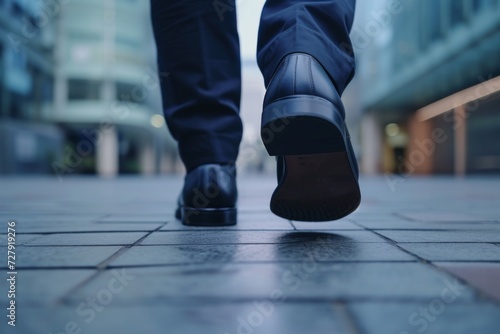 Close-up of a business man's feet walking in a dynamic urban environment, focusing on the motion and business casual shoes, symbolizing progress and determination.