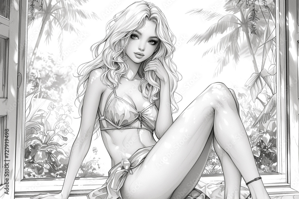 A beautiful princess in sexy lingerie poses against the backdrop of a summer garden. Pages for a coloring book. Anti-stress therapy. - obrazy, fototapety, plakaty 