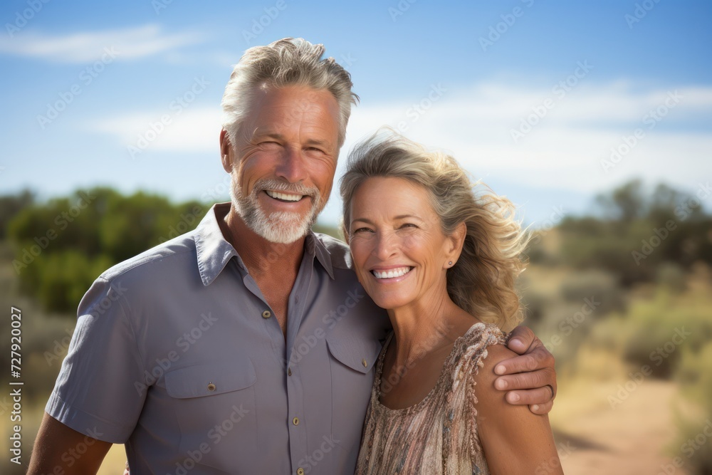Portrait of a joyful mature couple with a warm smile, embracing on a sunny day outdoor Portrait of a joyful mature couple with a warm smile, embracing on a sunny day outdoor