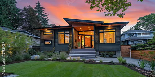 Small affordable home built in Vancouver with green siding exterior design. Summer orange sunset sky background