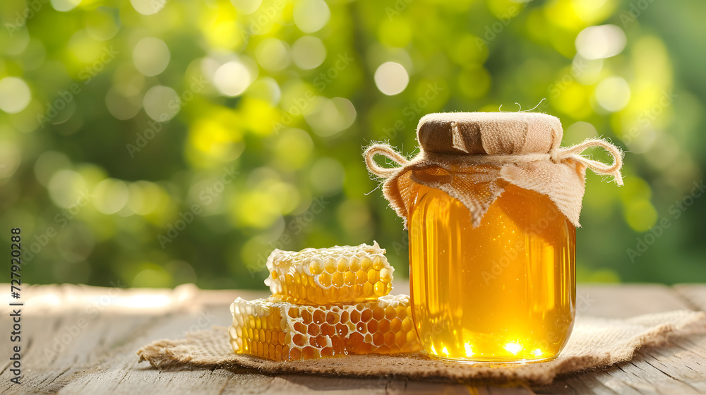 Jar of honey with honeycombon wooden surface isolated on nature blurred background. copy space. mock up. front view. Jar of honey with honeycombon wooden surface isolated on nature blurred background. copy space. mock up. front view.