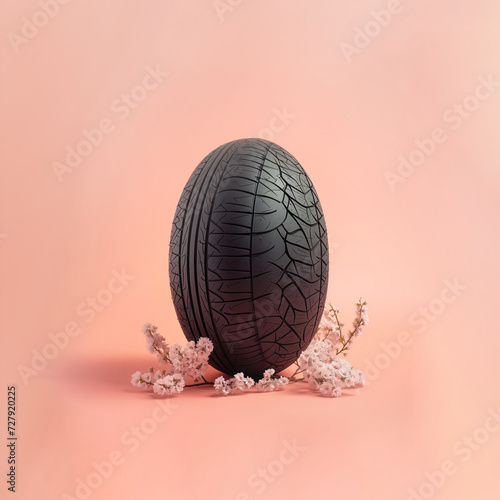 Black rubber egg with car tyre patterns decorated with spring branches blossom isolated on a pastel pinkish-orange seamless backgroundac