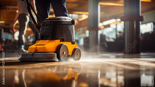 Professional Cleaning. Floor cleaning using an automatic machine with a brush.