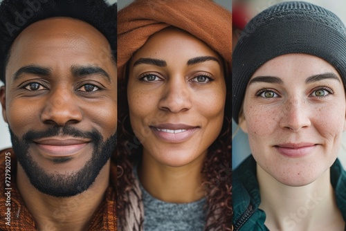 Close-up portraits of individuals from diverse backgrounds, each smiling directly at the camera, with a soft, blurred background