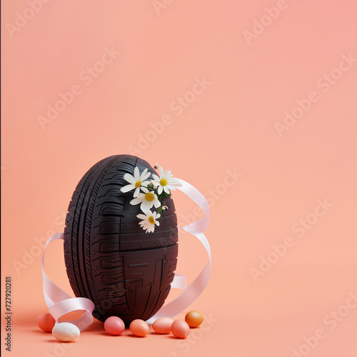 Black rubber egg with car tyre patterns with daisies and satin ribbon and Easter eggs isolated on a pastel pinkish-orange seamless backgroundac