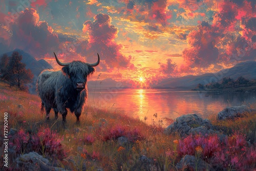 a beautiful scenescape set in the Scottish Highlands, at sunset. In the foreground is a Highland Cow, painted in the style of monet. photo