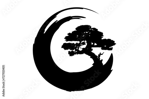 Enso Zen Circle and Bonsai Tree, hand-drawn with black ink in traditional Japanese style sumi-e, Vector logo design in Paint Brush art style, isolated on white background 