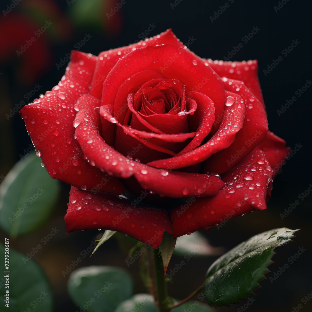 A close-up of a red rose blossom with water droplets on it isolated on a black background background A close-up of a red rose blossom with water droplets on it isolated on a black background background