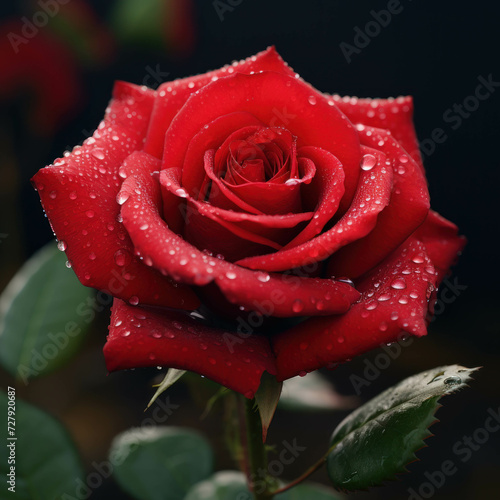A close-up of a red rose blossom with water droplets on it isolated on a black background background