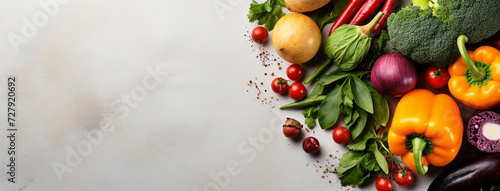 Wide view from above banner image of Vegetarian Day food banner with different types of vegetables and fruit items in a manner on white color wooden table mockup