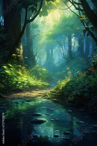 Fantasy landscape with a river and a forest