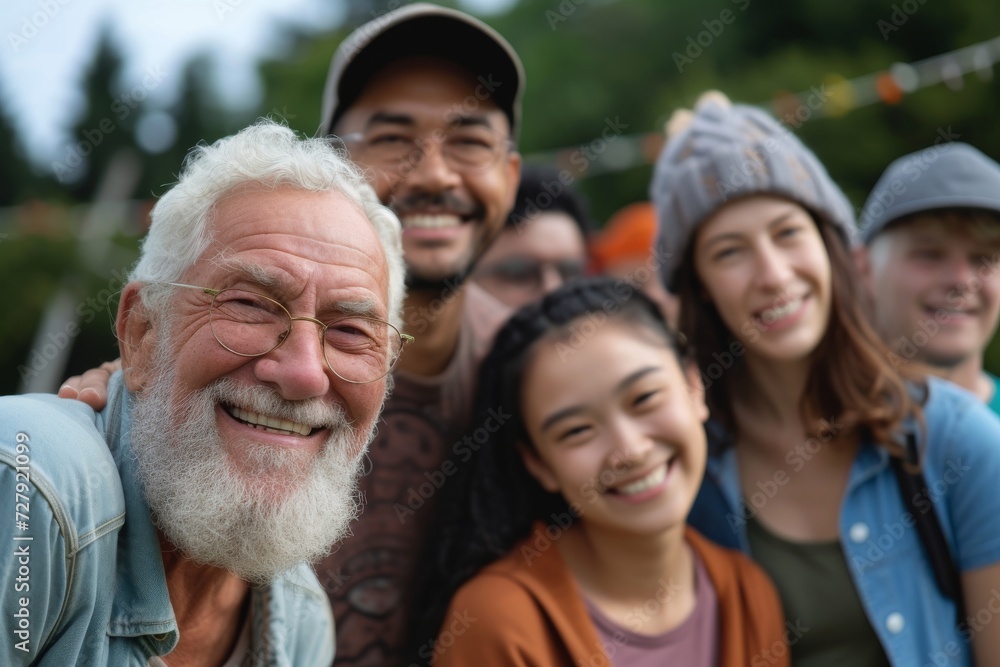 Environmental activists of different ages and backgrounds, smiling together at a green, sustainable living event.