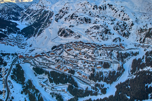 Breathtaking beautiful panoramic aerial view on Snow Alps - winter mountain peaks around French Alps mountains, The Three Valleys: Courchevel, Val Thorens, Meribel (Les Trois Vallees), France